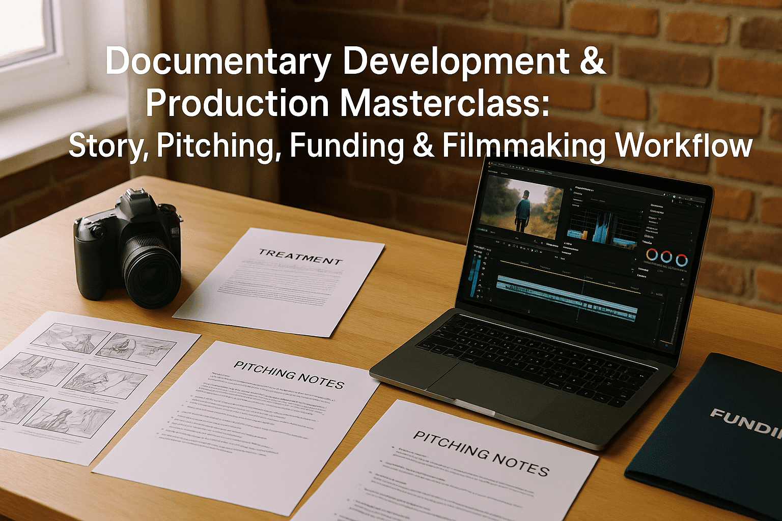 A UK-style workspace showing documentary production masterclass tools, storyboards, cameras and editing screens.