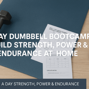 A UK-style home workout setup with dumbbells, exercise mat and training notes designed for a guided dumbbell bootcamp.