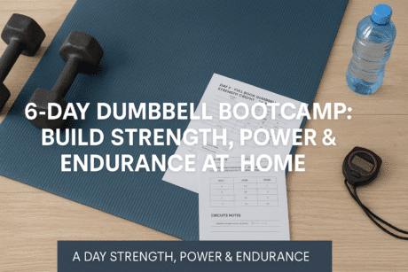 A UK-style home workout setup with dumbbells, exercise mat and training notes designed for a guided dumbbell bootcamp.