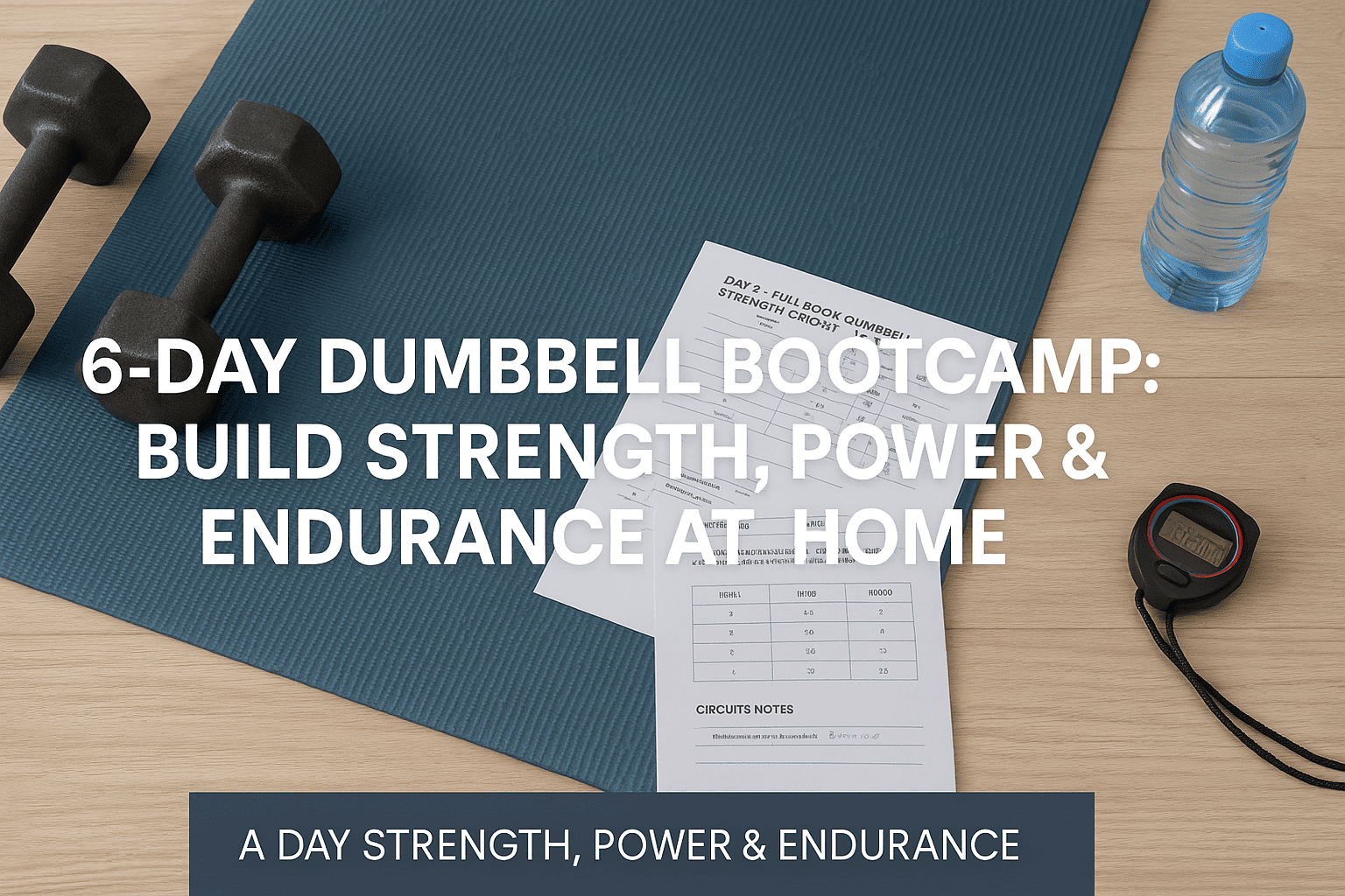 A UK-style home workout setup with dumbbells, exercise mat and training notes designed for a guided dumbbell bootcamp.