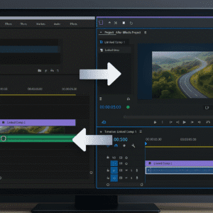 Dynamic linking workflow showing Premiere Pro and After Effects projects connected with timelines, compositions, and real-time updates