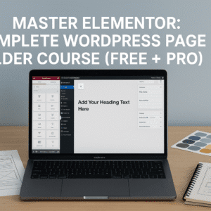 UK-style workspace with Elementor editing screen, design tools and WordPress dashboard for Elementor WordPress Course.