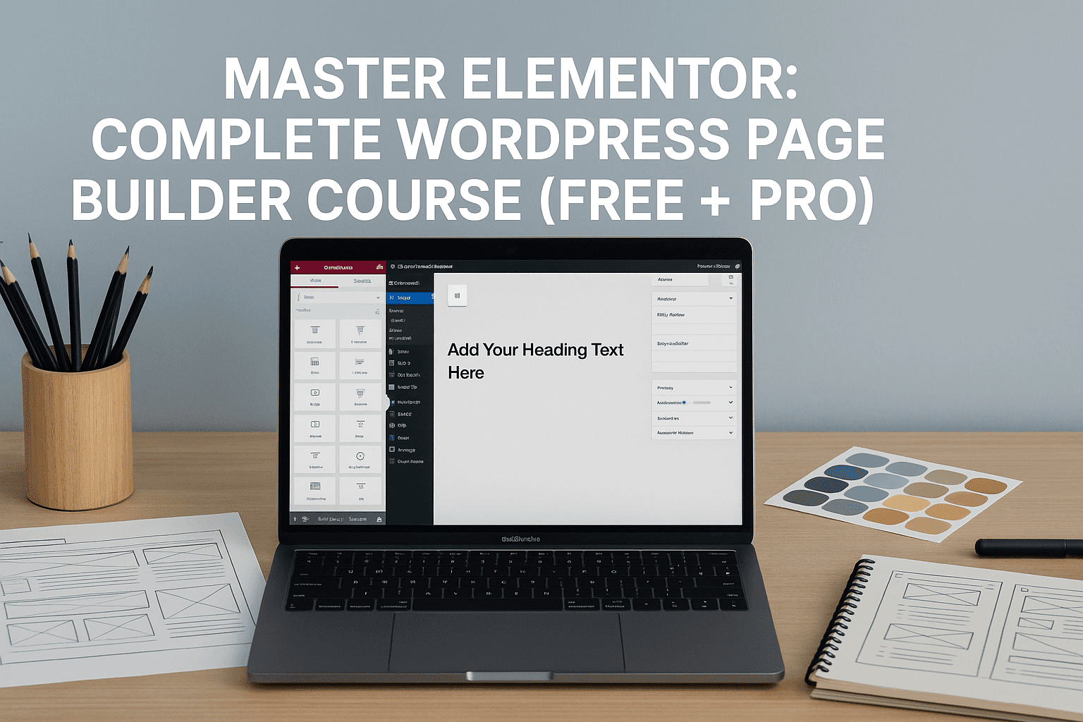 UK-style workspace with Elementor editing screen, design tools and WordPress dashboard for Elementor WordPress Course.