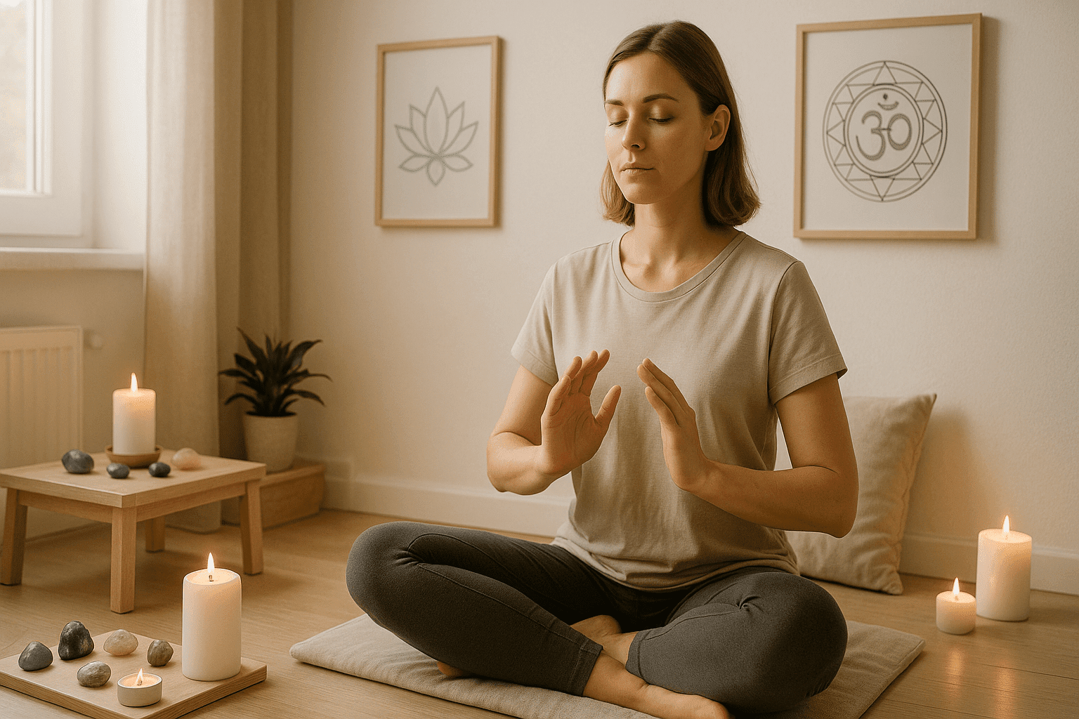 A peaceful UK-style meditation space with soft lighting, healing symbols, and a learner practising energy healing meditation.