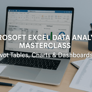 A UK-style workspace with Excel dashboards, pivot tables and charts open on a laptop, representing an excel data analysis masterclass.