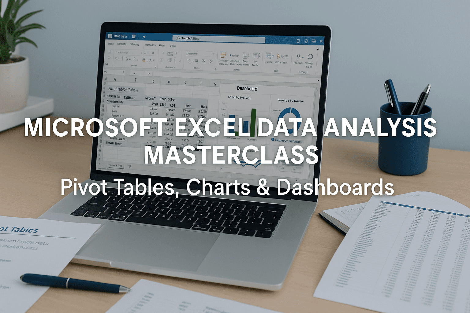 A UK-style workspace with Excel dashboards, pivot tables and charts open on a laptop, representing an excel data analysis masterclass.