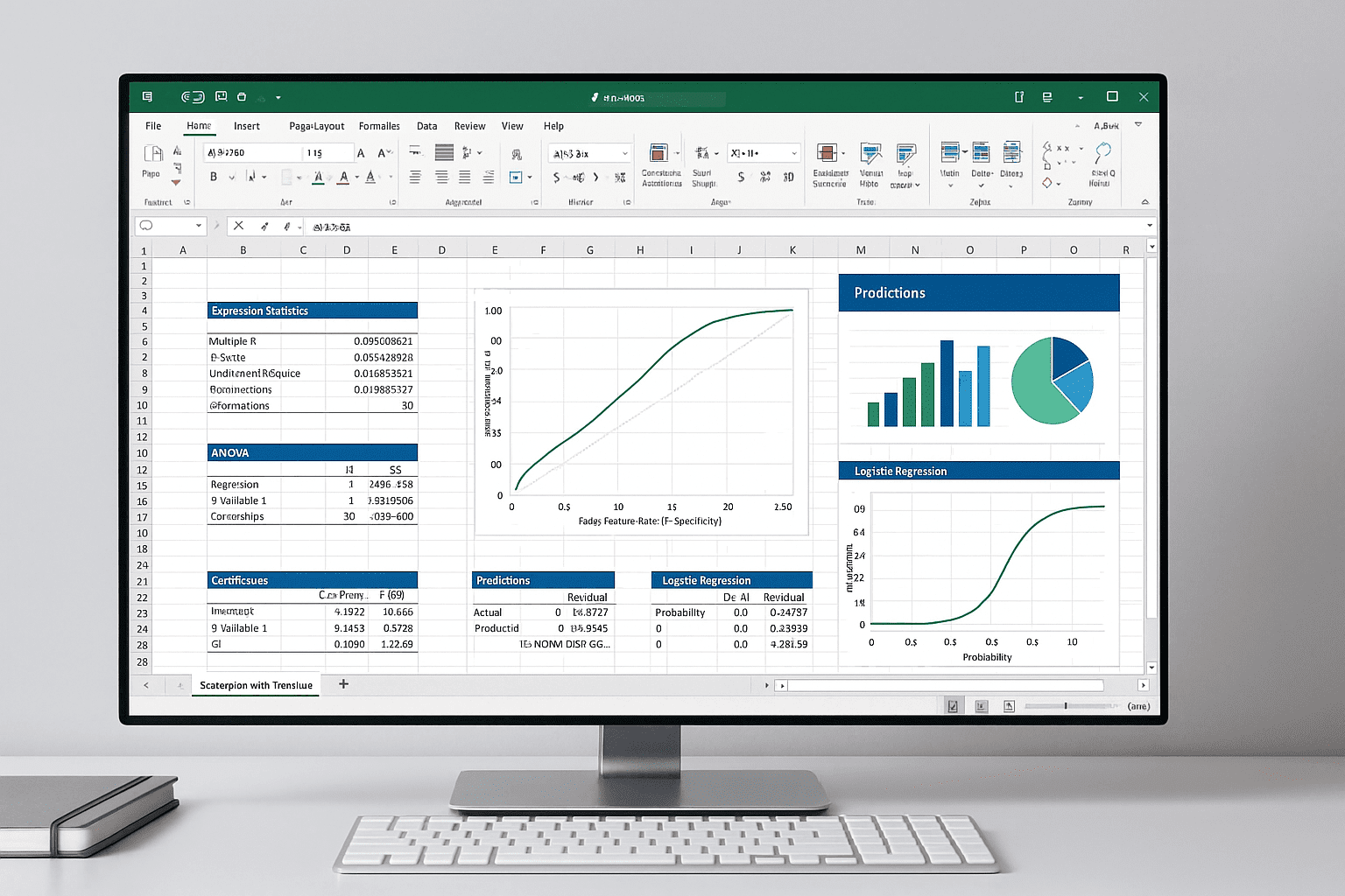 Excel dashboards showing regression analysis, charts, formulas, and machine learning models for Excel data science