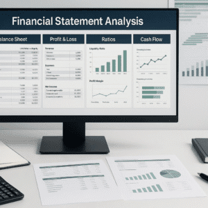 Financial statement analysis workspace showing balance sheet, P&L, ratio charts and cash flow reports on a professional finance dashboard