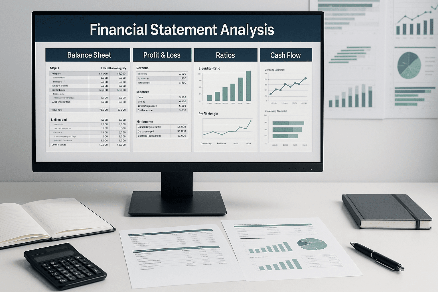 Financial statement analysis workspace showing balance sheet, P&L, ratio charts and cash flow reports on a professional finance dashboard