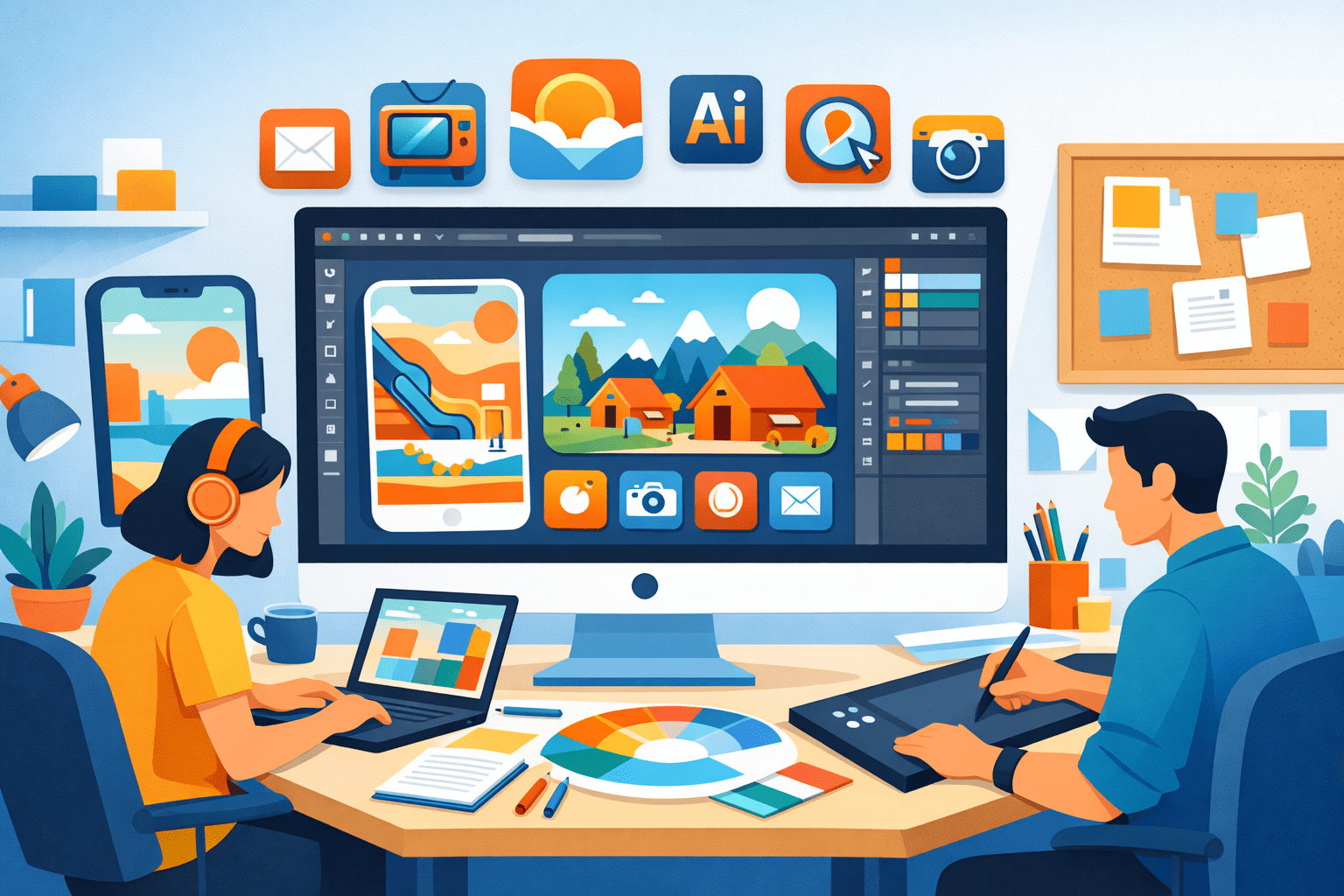 Flat design illustrator workspace showing modern scenes, icons and mobile UI illustrations created in Adobe Illustrator