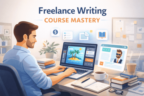 Freelance Writing Course showing a professional writer working on a laptop with books, notes and online publishing tools