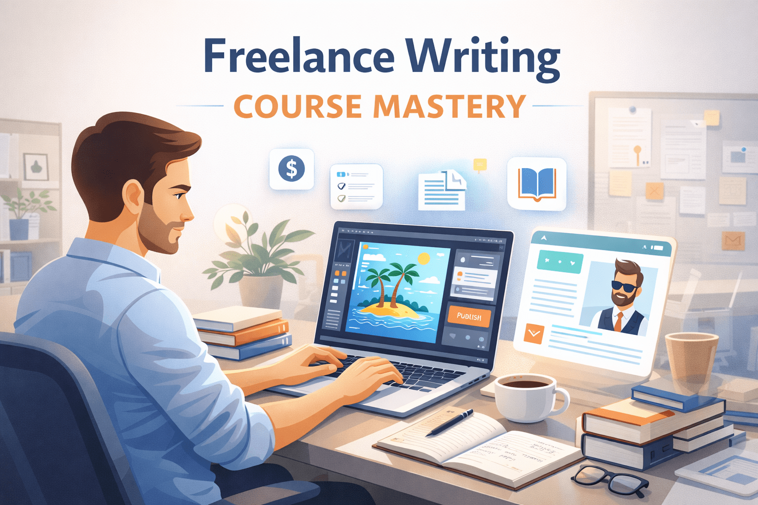 Freelance Writing Course showing a professional writer working on a laptop with books, notes and online publishing tools