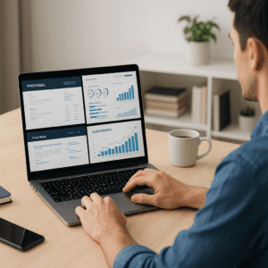 Freelancer working on a laptop with project dashboards and client proposals, representing Freelancing Mastery 2025 in action.