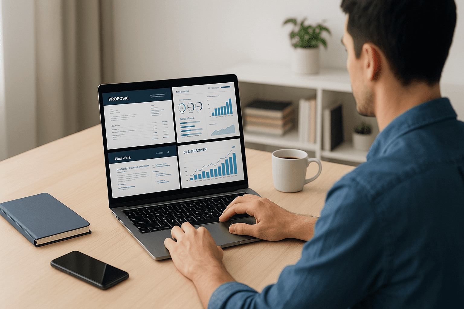Freelancer working on a laptop with project dashboards and client proposals, representing Freelancing Mastery 2025 in action.