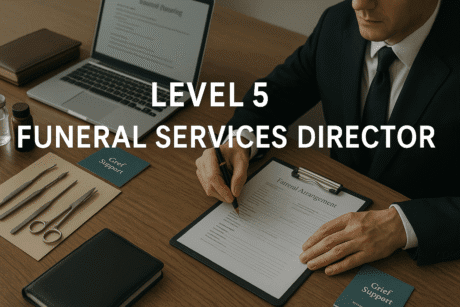 UK funeral services director arranging ceremony details with embalming tools and professional documentation on a modern workspace table.