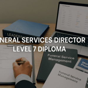 UK funeral services director reviewing ceremony plans with embalming tools, mortuary items, and leadership documents on a professional workspace.