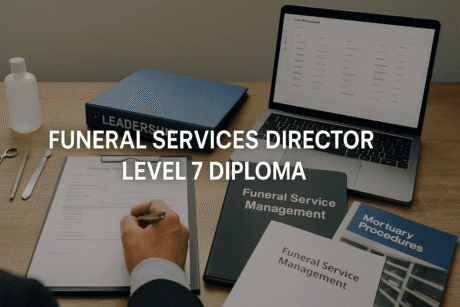 UK funeral services director reviewing ceremony plans with embalming tools, mortuary items, and leadership documents on a professional workspace.