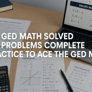 Tidy UK-style study desk with maths worksheets, graphs and solved problems for GED Math Practice.
