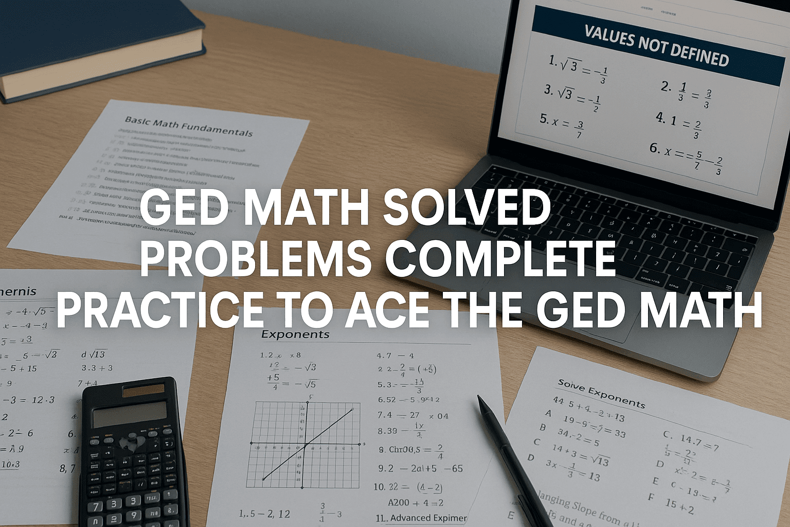 Tidy UK-style study desk with maths worksheets, graphs and solved problems for GED Math Practice.