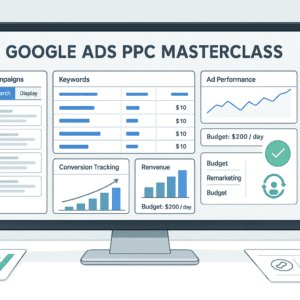 Google Ads PPC Masterclass showing campaign dashboards, keyword research, bidding strategies, ad performance charts and conversion tracking