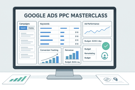 Google Ads PPC Masterclass showing campaign dashboards, keyword research, bidding strategies, ad performance charts and conversion tracking