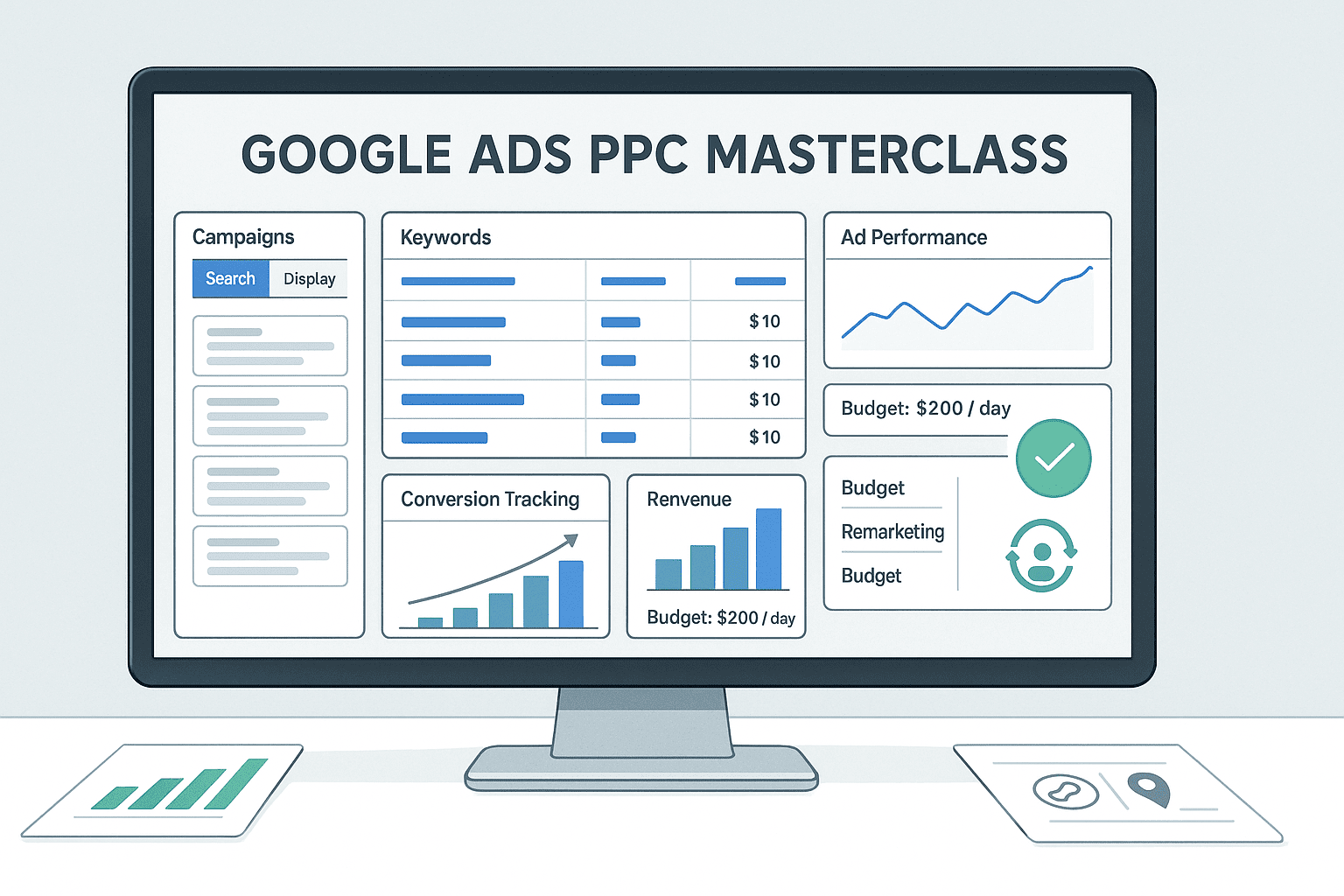 Google Ads PPC Masterclass showing campaign dashboards, keyword research, bidding strategies, ad performance charts and conversion tracking