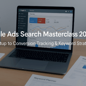 A UK-style digital marketing desk with Google Ads dashboards, keyword tools and notes, illustrating a google ads search masterclass setup.