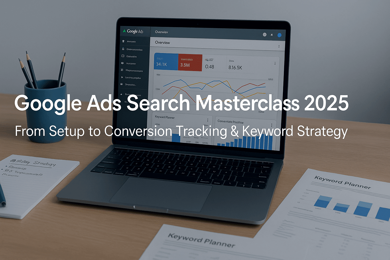 A UK-style digital marketing desk with Google Ads dashboards, keyword tools and notes, illustrating a google ads search masterclass setup.