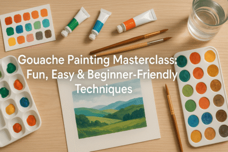 Tidy UK-style desk with gouache painting setup, brushes and colour mixing, showing gouache painting techniques for beginners.