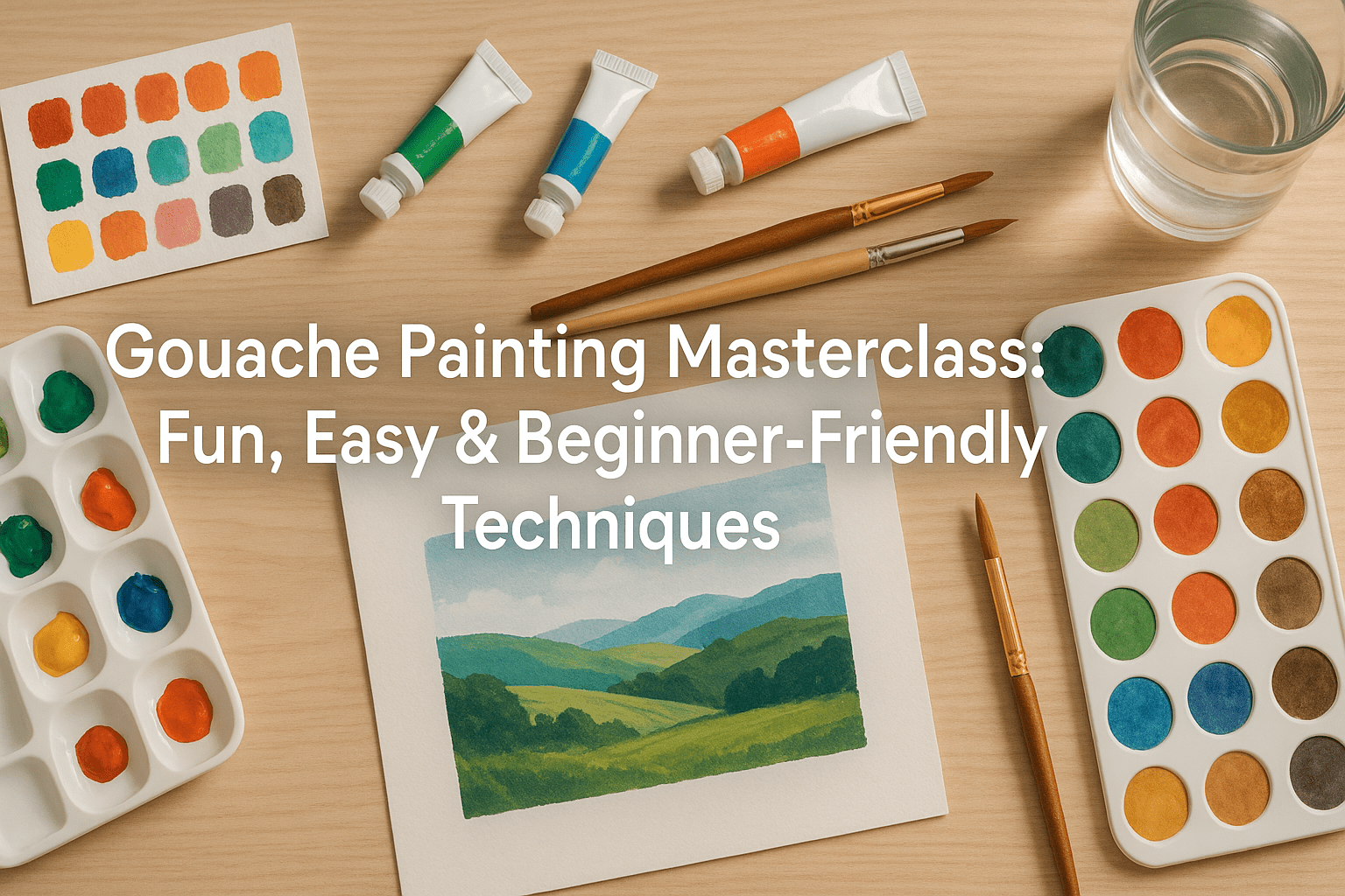 Tidy UK-style desk with gouache painting setup, brushes and colour mixing, showing gouache painting techniques for beginners.