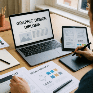 A UK learner designing with digital tools, branding assets, colour palettes, and layouts for a graphic design diploma.