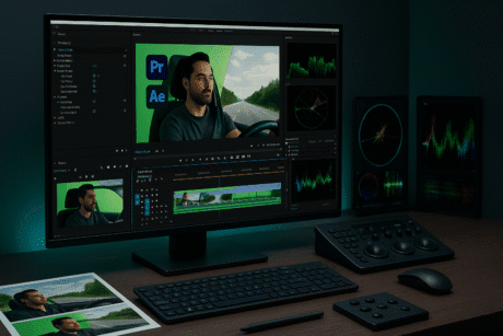 Green screen editing workspace showing chroma key footage, background replacement, colour correction, and compositing timelines