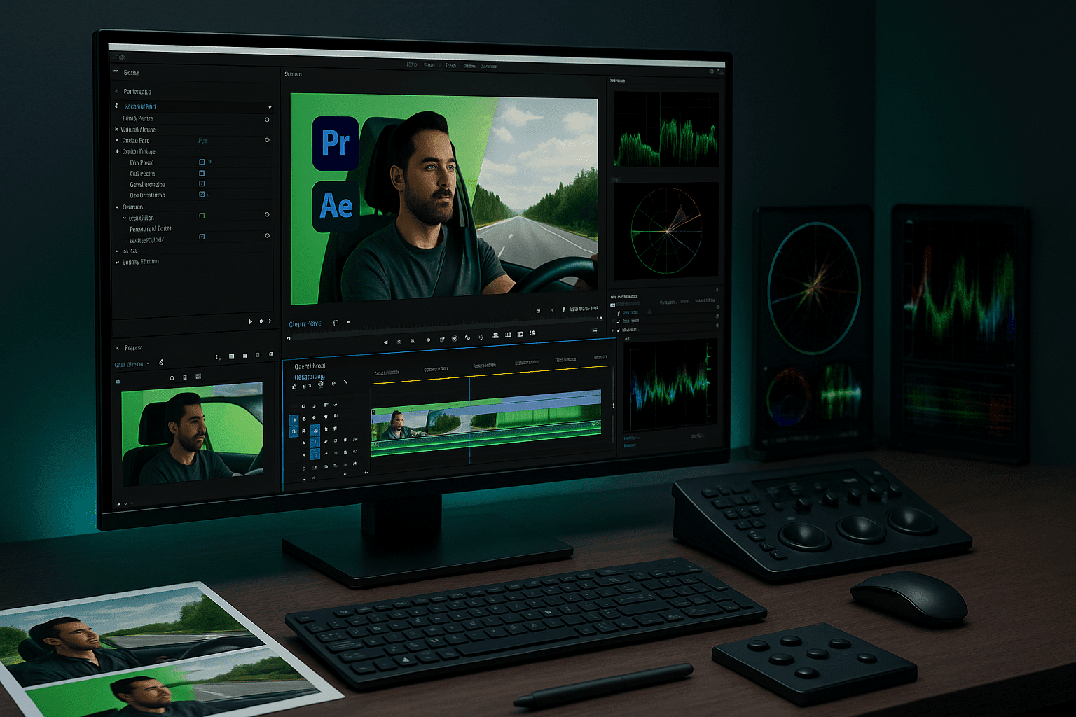 Green screen editing workspace showing chroma key footage, background replacement, colour correction, and compositing timelines