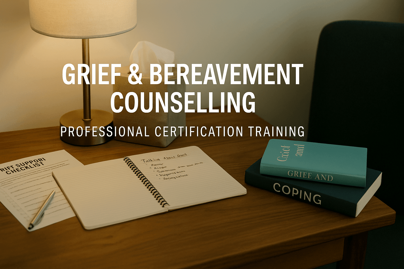 A calm UK-style counselling setting with notes, books and soft lighting, illustrating grief bereavement counselling themes.