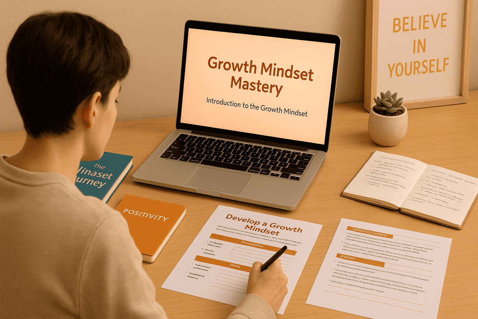 A UK learner studying growth mindset worksheets and self-reflection materials during the Growth Mindset Mastery course.