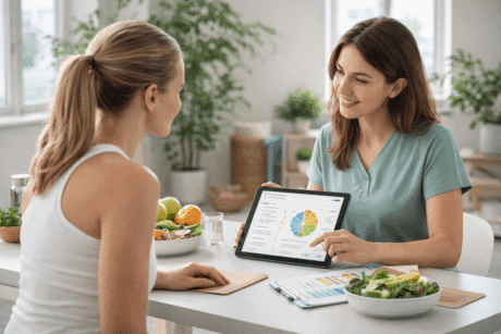Professional holistic health coach guiding a client on nutrition, fitness and lifestyle planning in a modern wellness setting