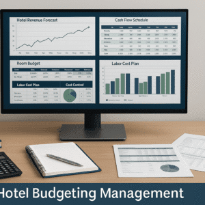 Hotel budgeting management workspace showing hospitality revenue plans, cash flow forecasts, cost control reports, and budgeting templates