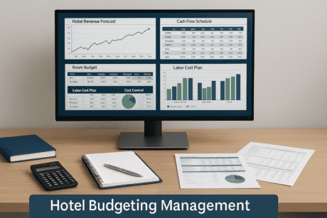 Hotel budgeting management workspace showing hospitality revenue plans, cash flow forecasts, cost control reports, and budgeting templates