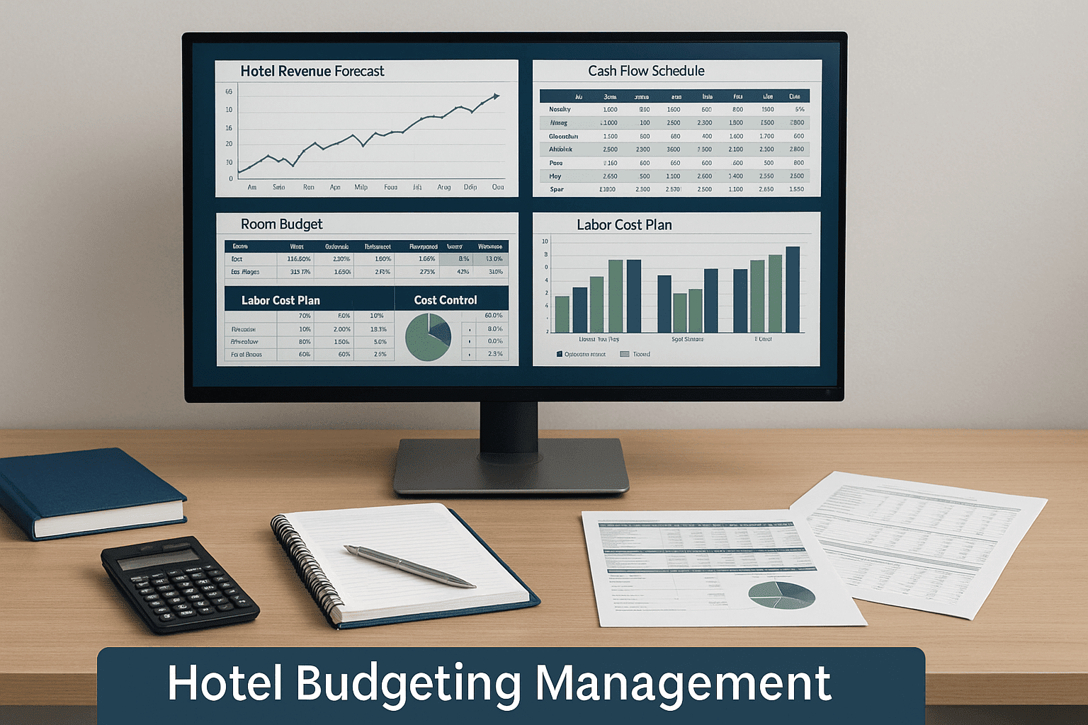 Hotel budgeting management workspace showing hospitality revenue plans, cash flow forecasts, cost control reports, and budgeting templates