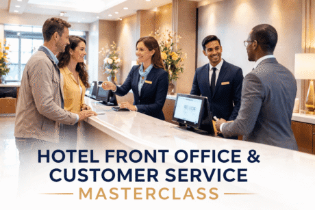 Hotel front office staff providing professional customer service at a modern hotel reception desk