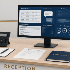 Hotel reception skills workspace showing front desk operations, guest communication, booking systems, and professional service visuals