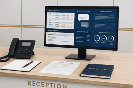 Hotel reception skills workspace showing front desk operations, guest communication, booking systems, and professional service visuals