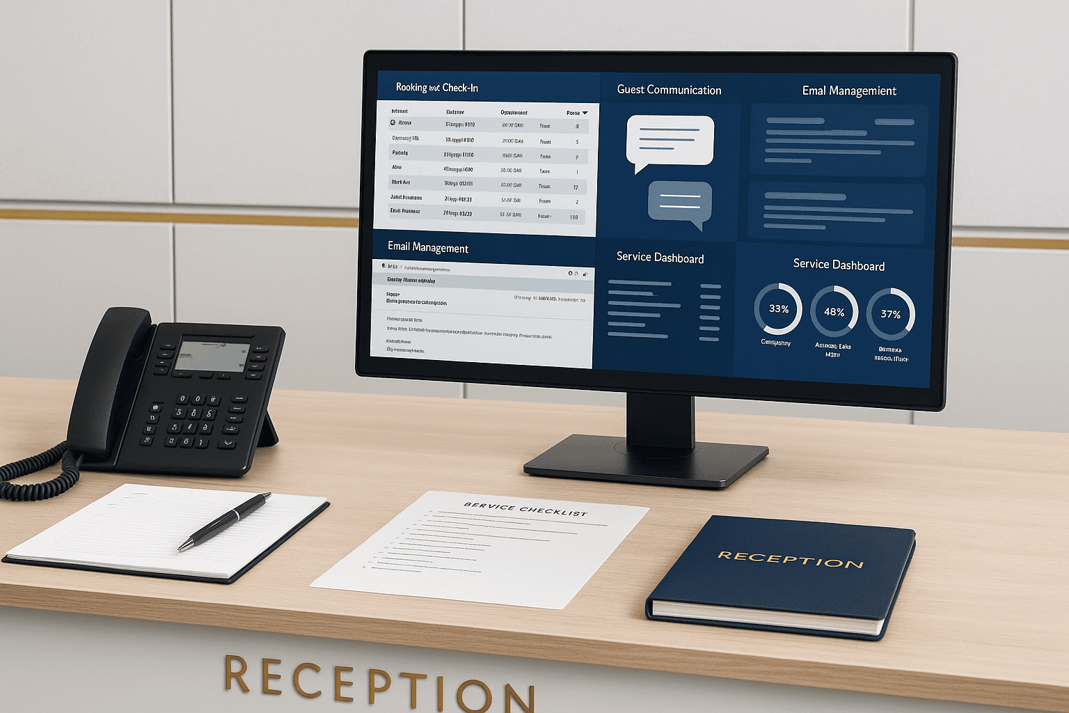 Hotel reception skills workspace showing front desk operations, guest communication, booking systems, and professional service visuals