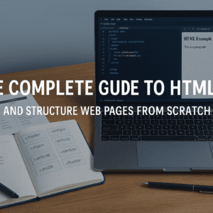 Tidy UK-style desk with HTML code on a laptop, tags, notes and browser preview representing the HTML Complete Guide.