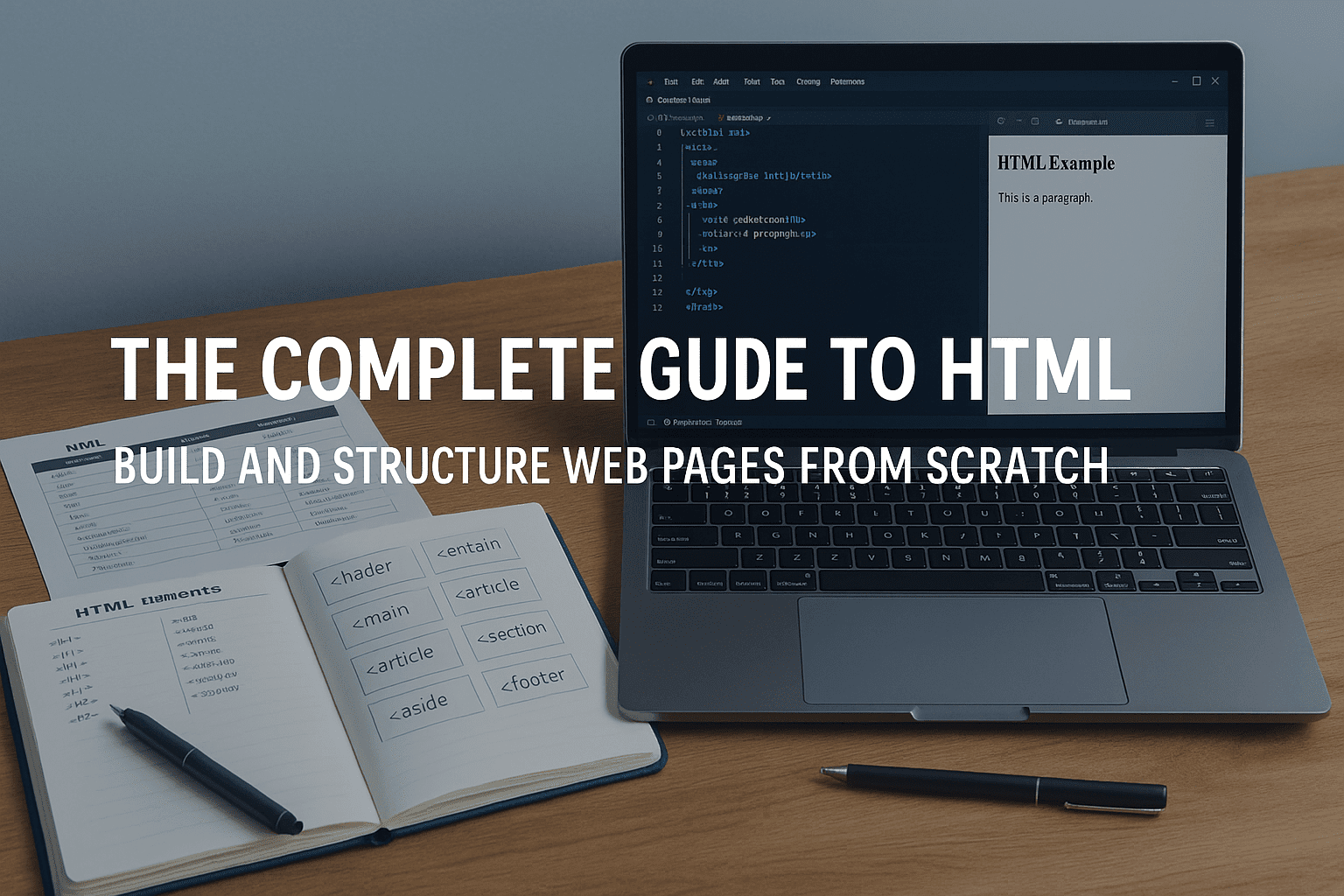 Tidy UK-style desk with HTML code on a laptop, tags, notes and browser preview representing the HTML Complete Guide.