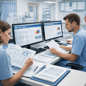 Inpatient coding training showing medical coders analysing DRG and ICD-10-PCS codes on hospital billing software