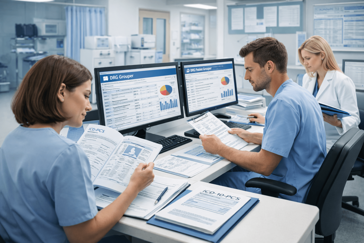 Inpatient coding training showing medical coders analysing DRG and ICD-10-PCS codes on hospital billing software