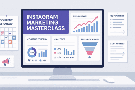 Instagram Marketing Masterclass showing reels growth charts, content strategy, analytics dashboards and sales psychology visuals