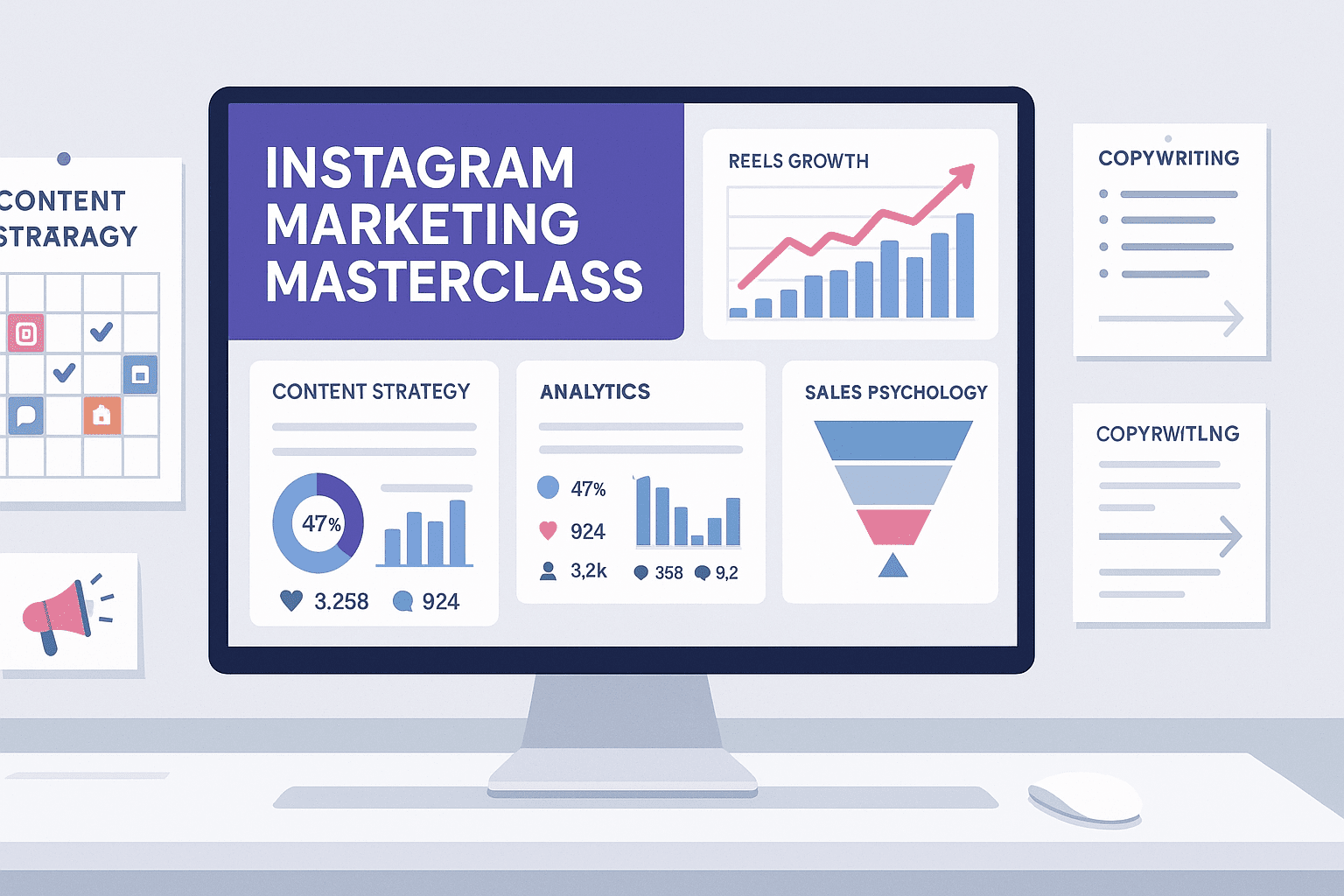 Instagram Marketing Masterclass showing reels growth charts, content strategy, analytics dashboards and sales psychology visuals