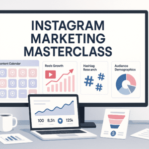 Instagram Marketing Masterclass showing content strategy, reels growth, hashtag research, analytics dashboard and monetisation visuals